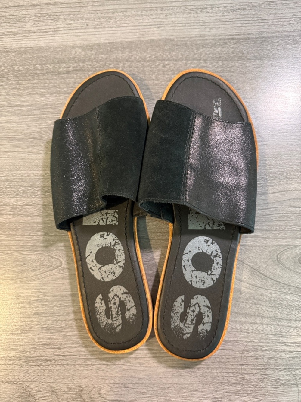 Sorel Black Slide Sandals with Tan Trim - Women's Slip-On Slides